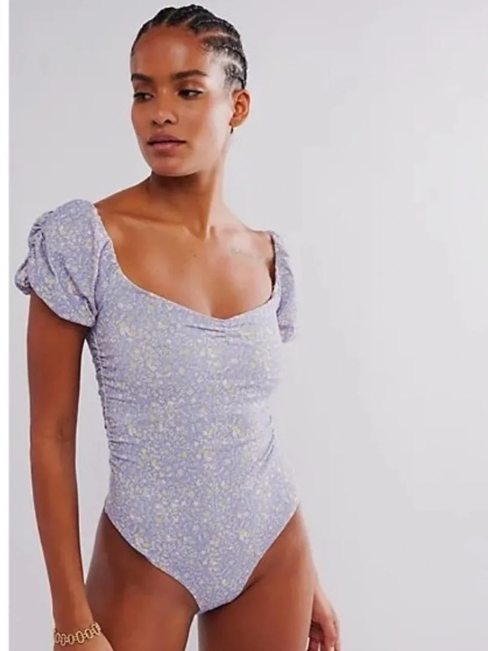 Free People Printed Bella Bodysuit - Chambray Combo